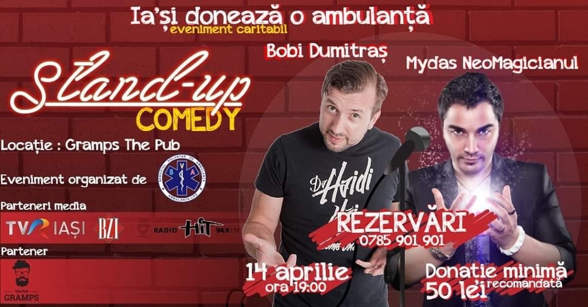 Afis eveniment stand-up comedy si magie cu Bobi Dumitras si magicianul Mydas